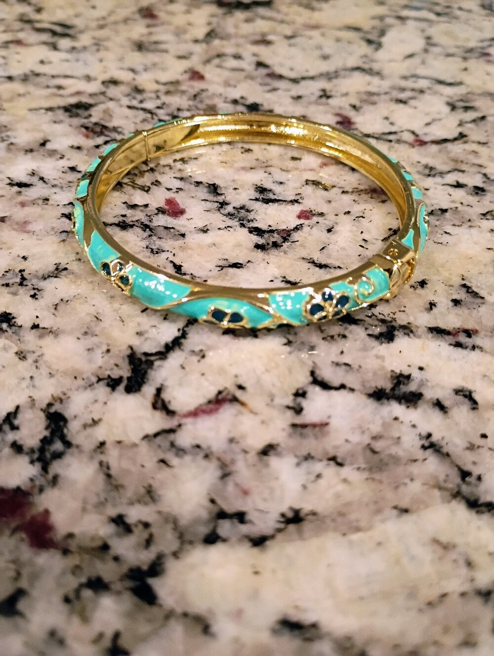 New Gold-Tone Turquoise Enamel Floral Bangle Bracelet